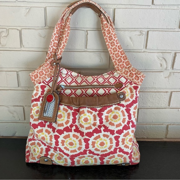 FOSSIL Vintage Leather Canvas Geometric Tote Shoulder Bag Boho Casual Key Charm - Picture 1 of 10